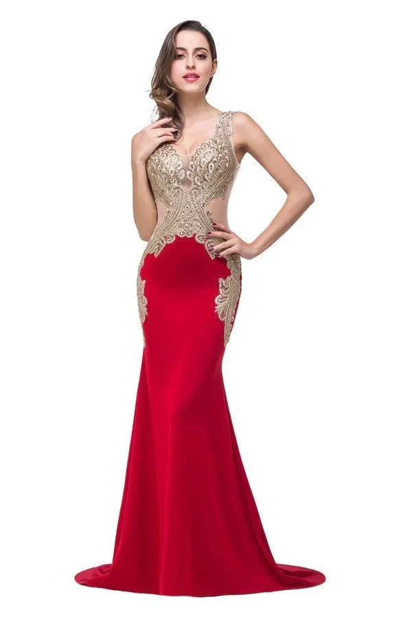 Red V-Neck Mermaid Sweep-length Appliques Formal Dresses - Image 7