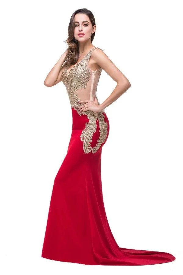 Red V-Neck Mermaid Sweep-length Appliques Formal Dresses - Image 8