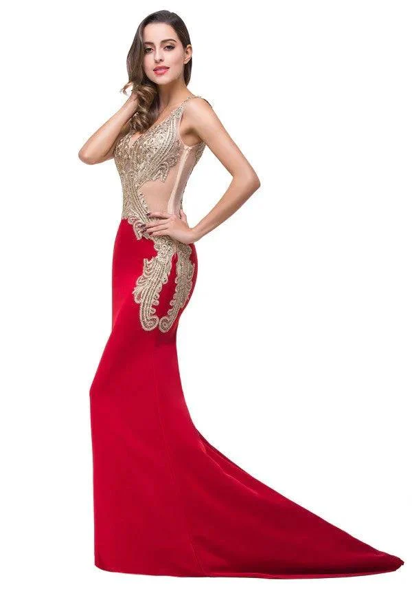 Red V-Neck Mermaid Sweep-length Appliques Formal Dresses - Image 9