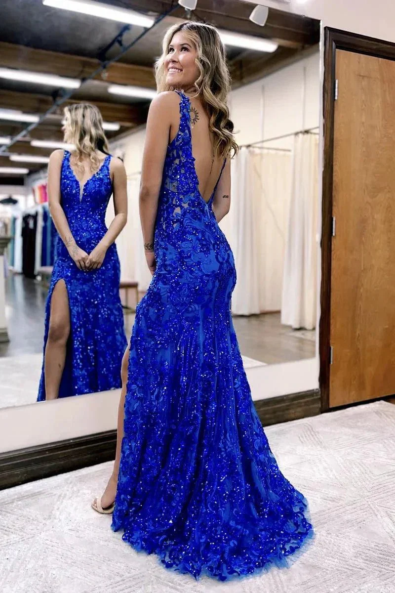 Avianna |Mermaid V Neck Sequined Lace Prom Dress with Slit - Image 2