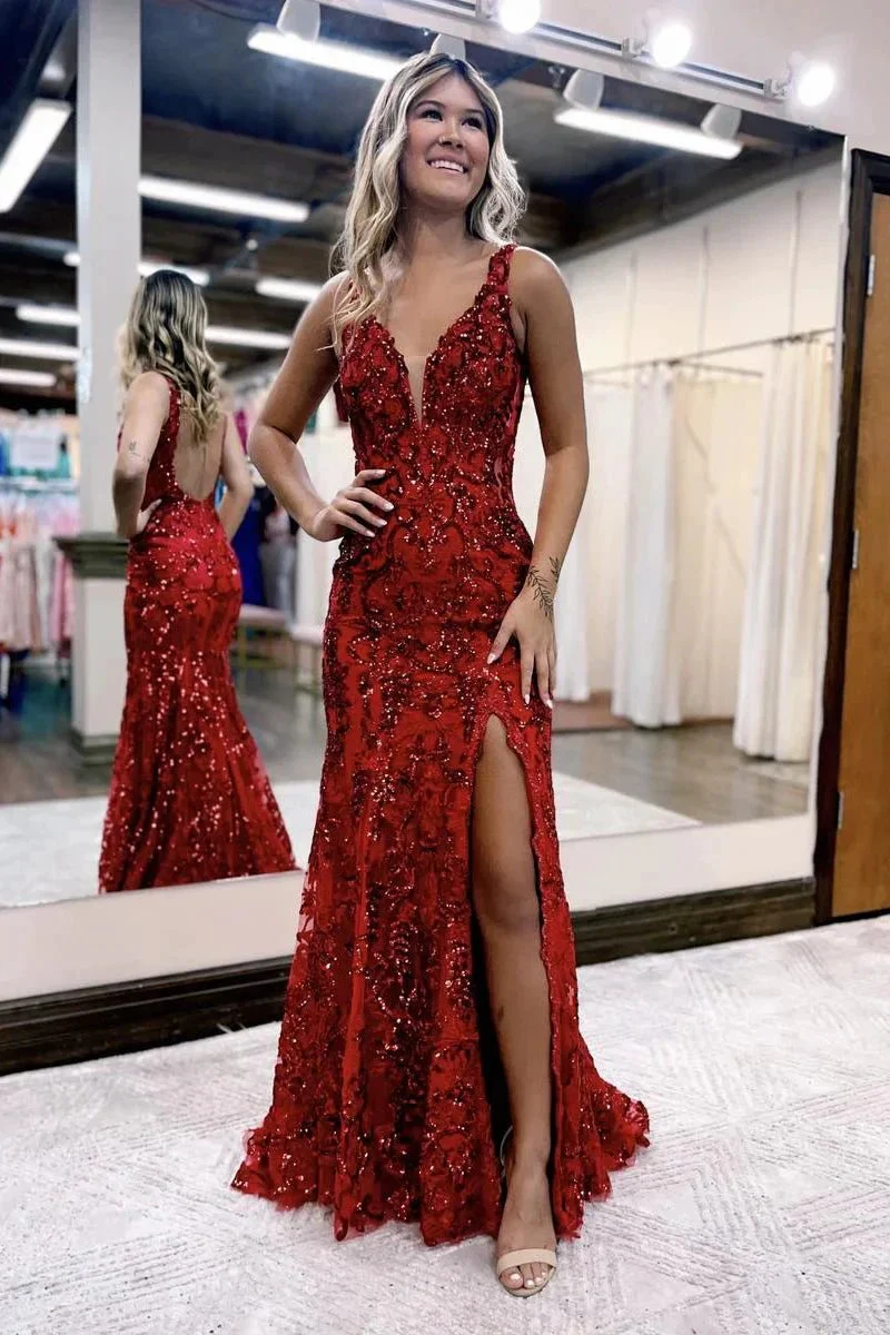 Avianna |Mermaid V Neck Sequined Lace Prom Dress with Slit - Image 3