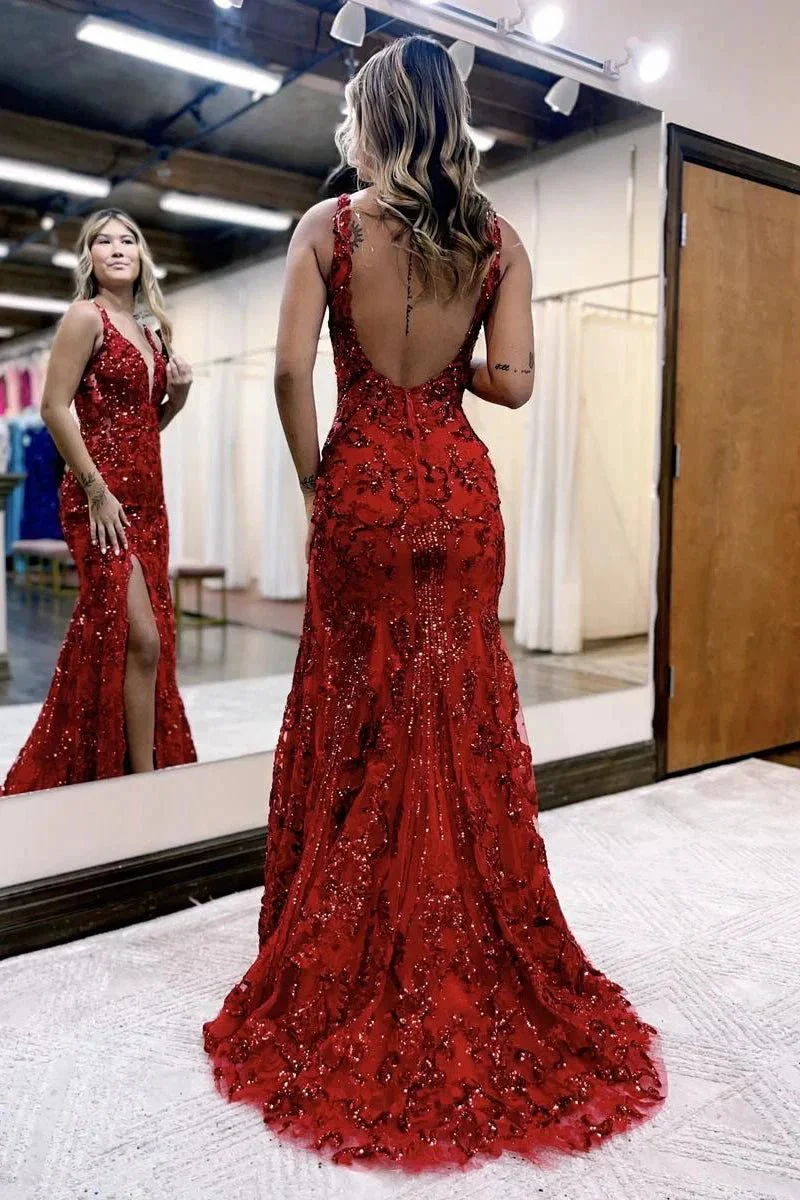 Avianna |Mermaid V Neck Sequined Lace Prom Dress with Slit - Image 4