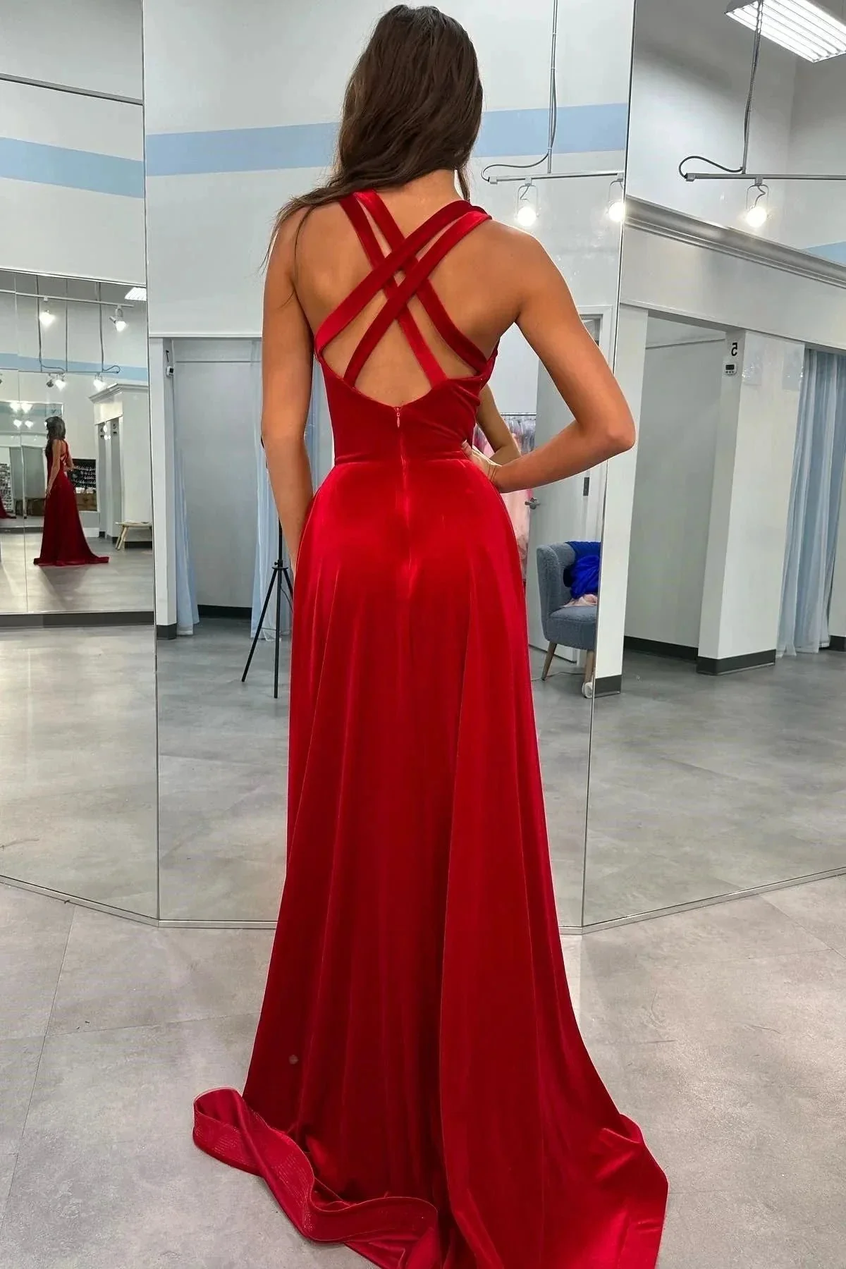 Rylan| Red Velvet Plunge V Cross Back A-Line Long Formal Dress - Image 2