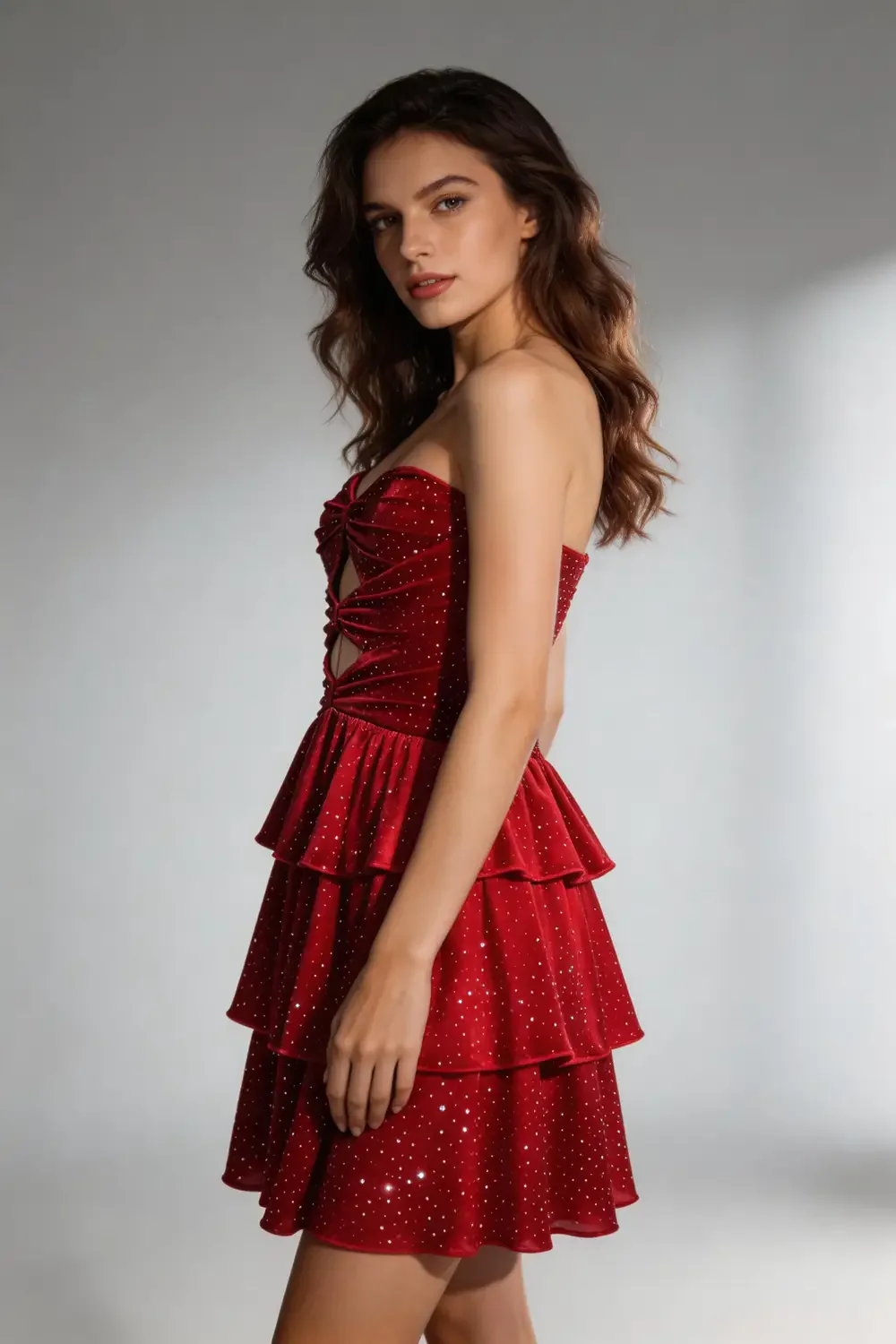 Red Velvet Strapless Sparkly Tiered Mini Dress Gown for Party - Image 2