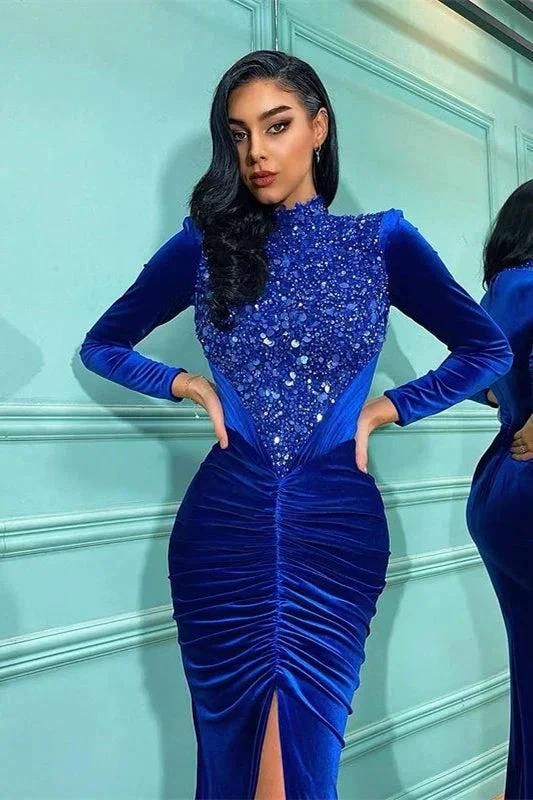Regal Blue Mermaid Prom Gown with Long Sleeves - Image 2