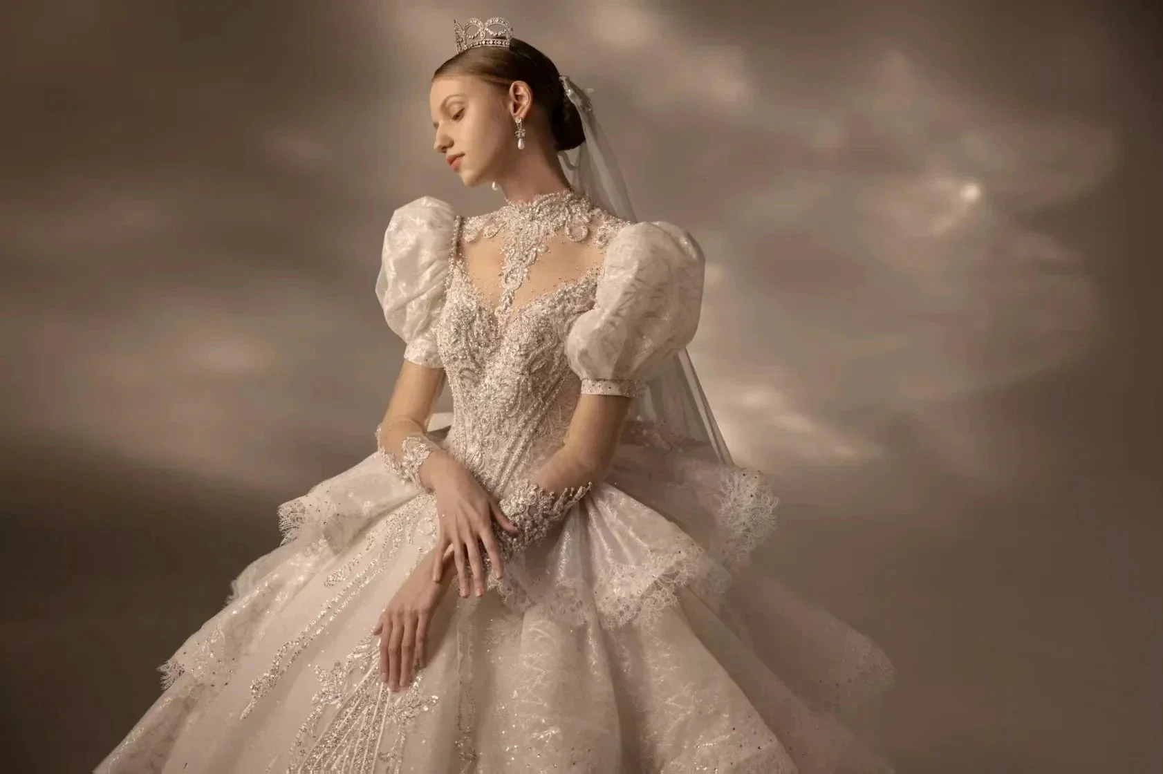 Regal High Neck Puff Sleeve Tulle Wedding Dress with Sequin Embroidery & Layered Ruffle Train Q6020 - Image 2