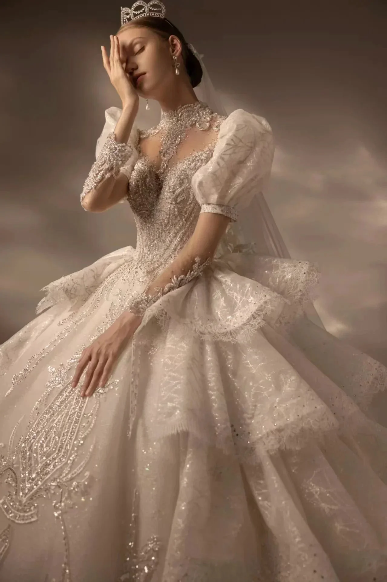 Regal High Neck Puff Sleeve Tulle Wedding Dress with Sequin Embroidery & Layered Ruffle Train Q6020 - Image 3