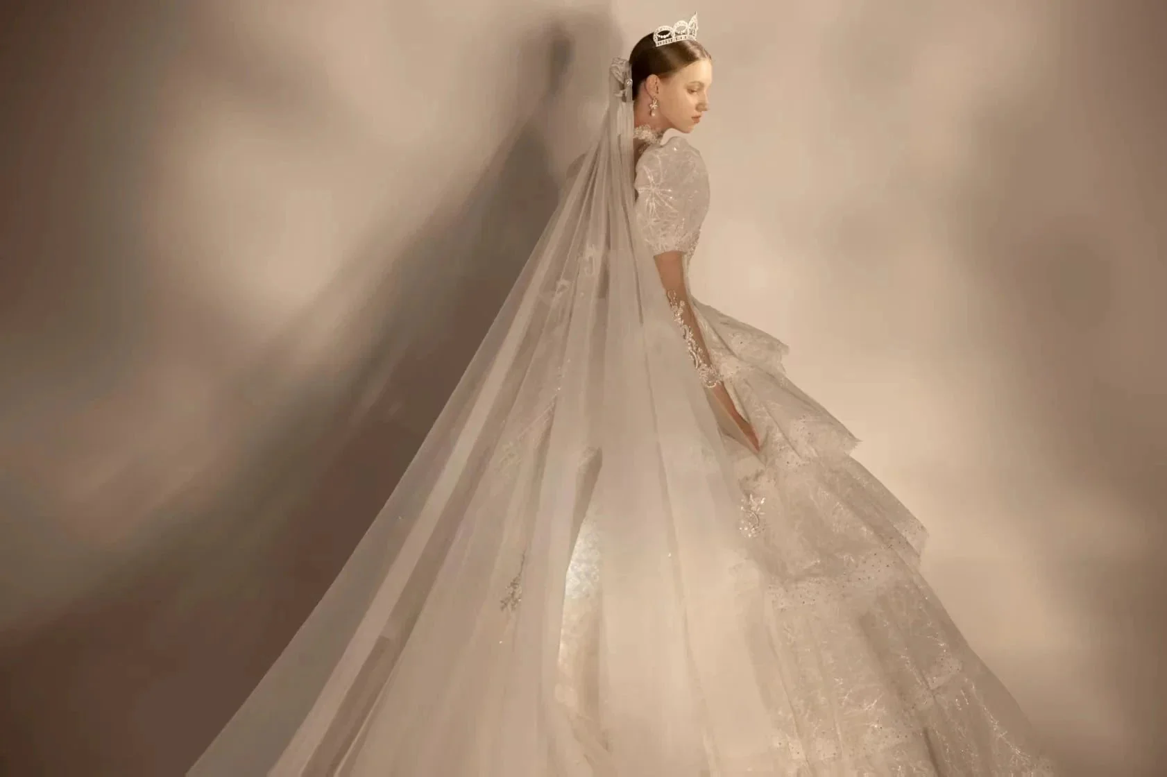 Regal High Neck Puff Sleeve Tulle Wedding Dress with Sequin Embroidery & Layered Ruffle Train Q6020 - Image 4