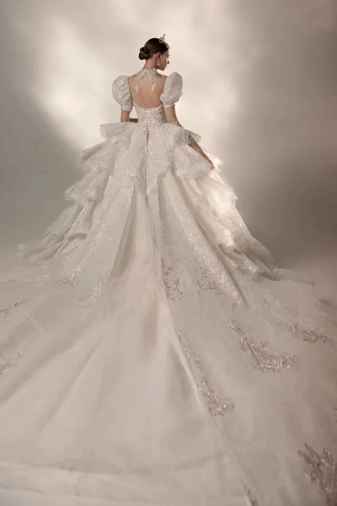 Regal High Neck Puff Sleeve Tulle Wedding Dress with Sequin Embroidery & Layered Ruffle Train Q6020 - Image 5