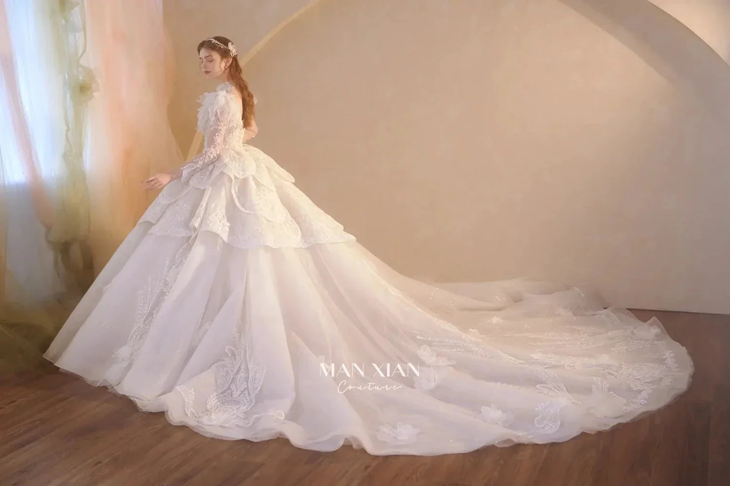 Regal Ivory High-Neck Lace Ball Gown with Sheer Sleeves, Ruffled Details & Crystal Embroidery A006 - Image 10