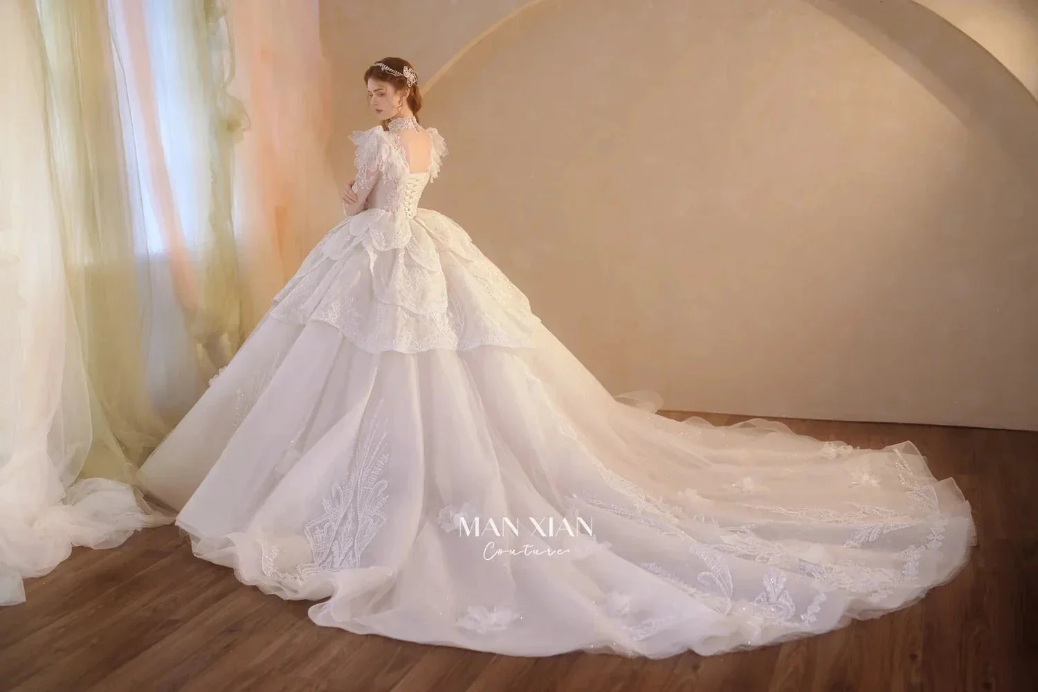 Regal Ivory High-Neck Lace Ball Gown with Sheer Sleeves, Ruffled Details & Crystal Embroidery A006 - Image 11