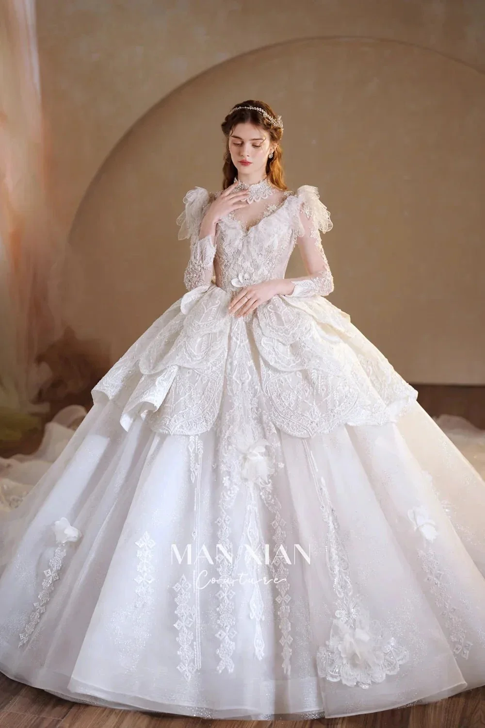 Regal Ivory High-Neck Lace Ball Gown with Sheer Sleeves, Ruffled Details & Crystal Embroidery A006 - Image 2