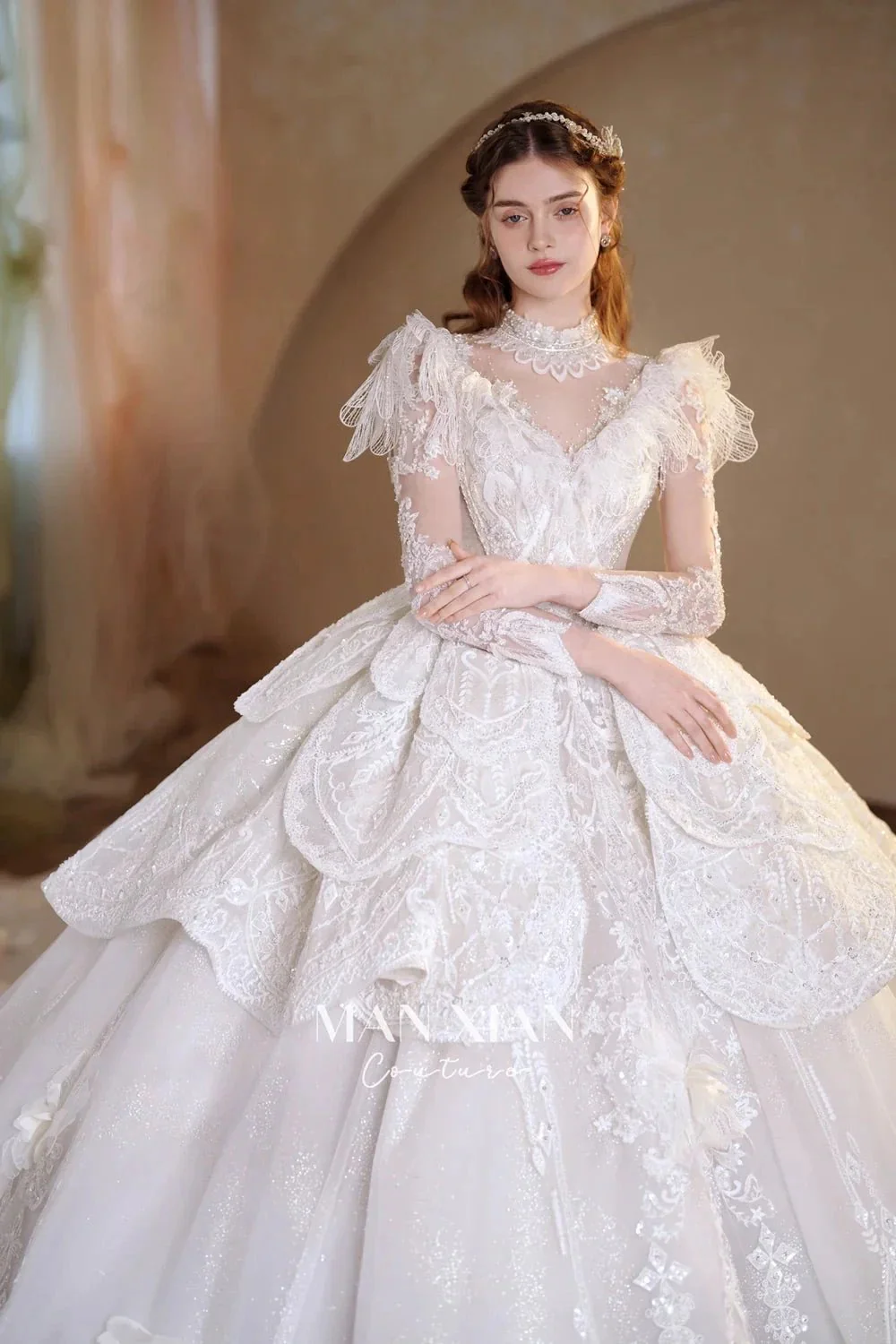 Regal Ivory High-Neck Lace Ball Gown with Sheer Sleeves, Ruffled Details & Crystal Embroidery A006 - Image 3