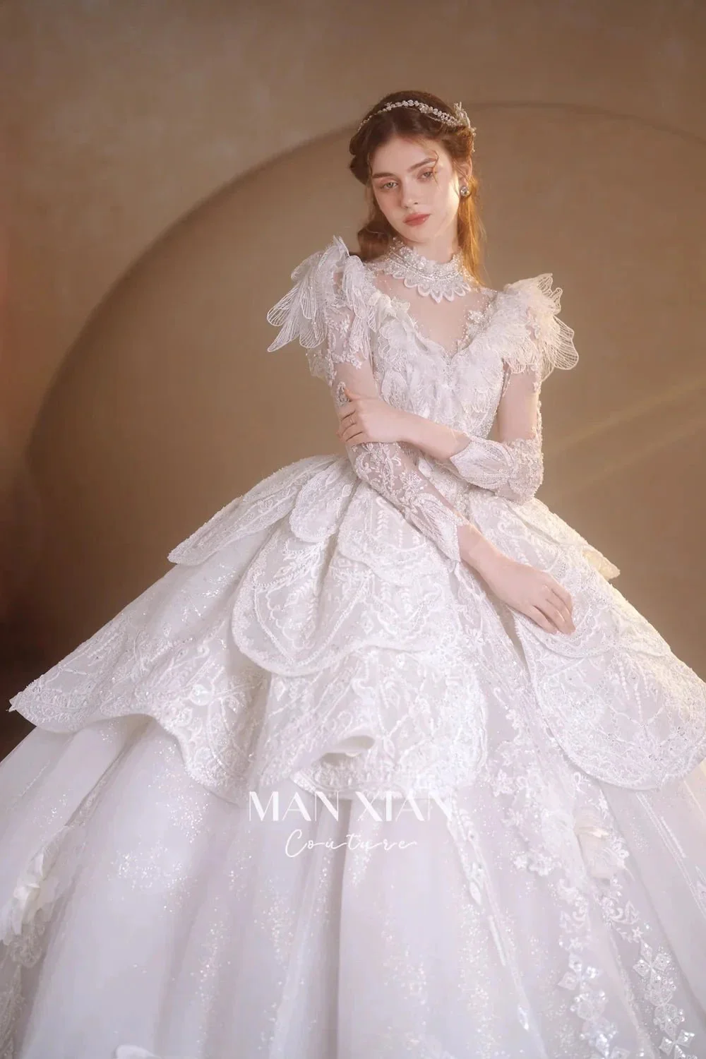 Regal Ivory High-Neck Lace Ball Gown with Sheer Sleeves, Ruffled Details & Crystal Embroidery A006 - Image 4