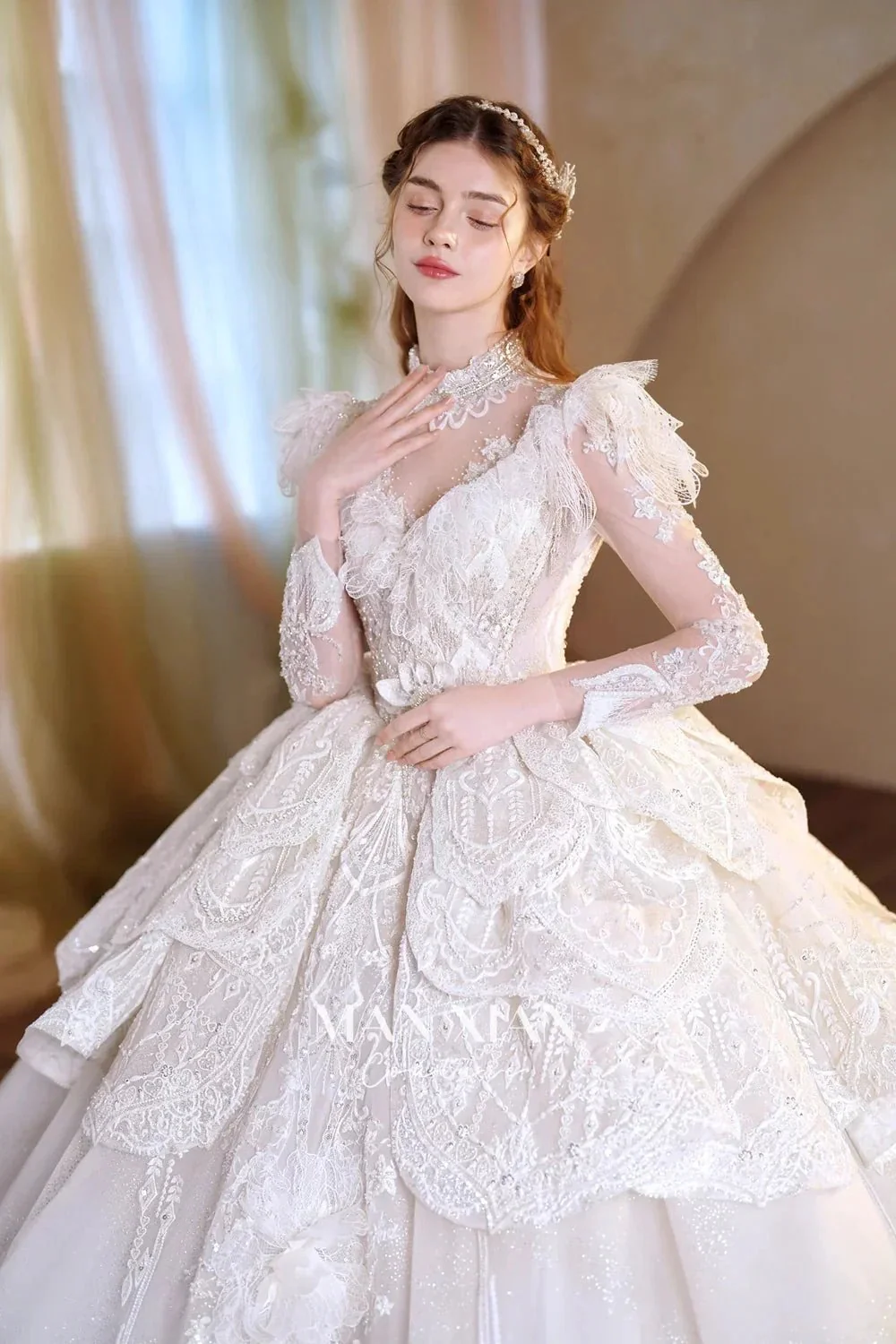 Regal Ivory High-Neck Lace Ball Gown with Sheer Sleeves, Ruffled Details & Crystal Embroidery A006 - Image 5