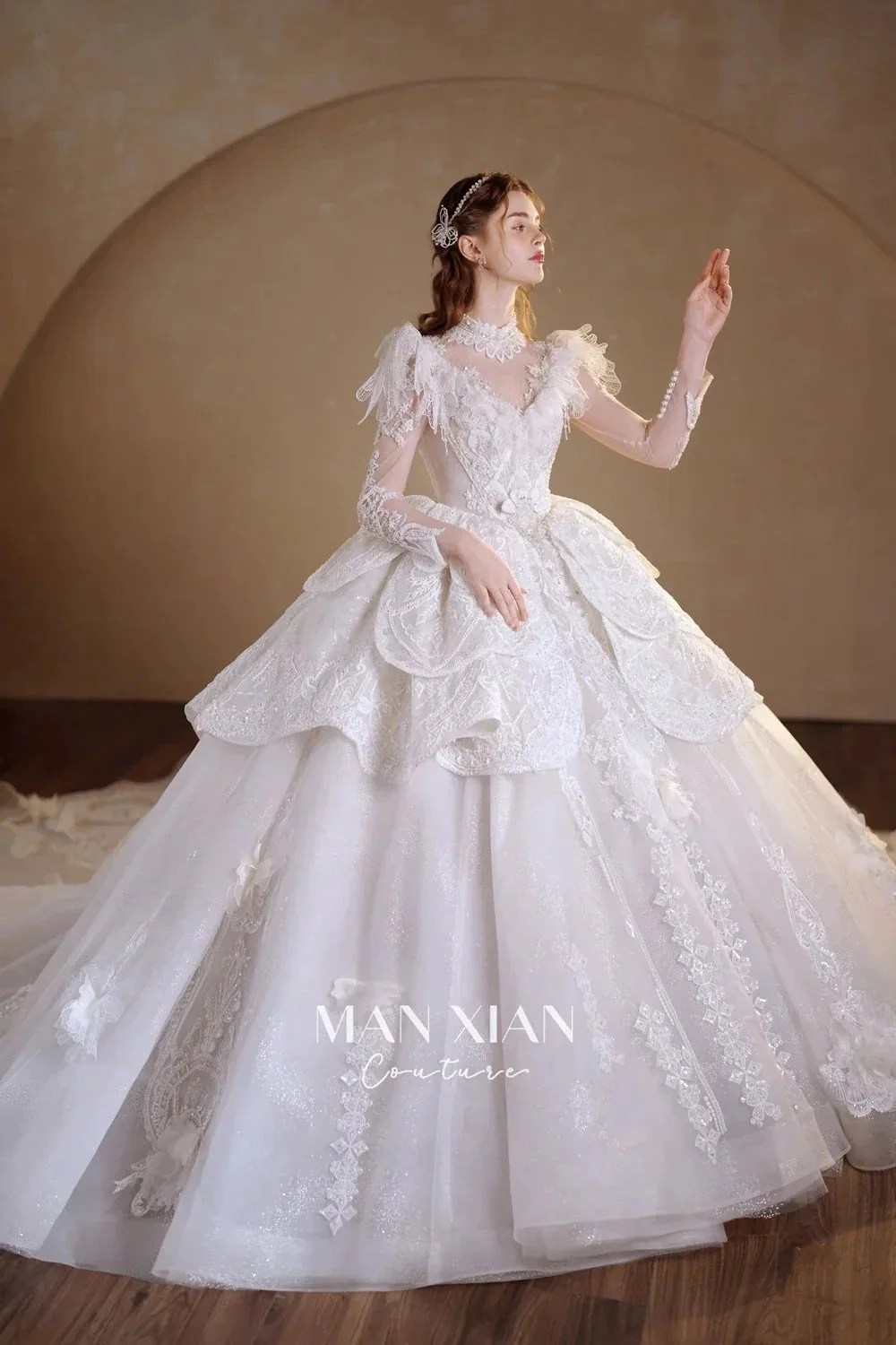 Regal Ivory High-Neck Lace Ball Gown with Sheer Sleeves, Ruffled Details & Crystal Embroidery A006 - Image 6