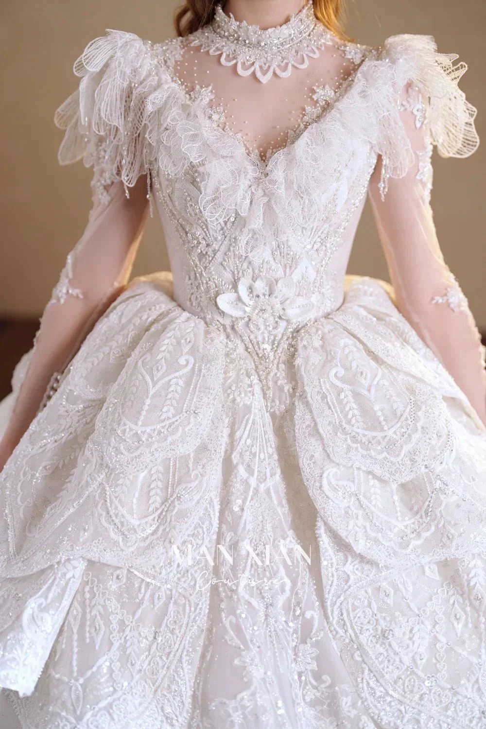 Regal Ivory High-Neck Lace Ball Gown with Sheer Sleeves, Ruffled Details & Crystal Embroidery A006 - Image 7
