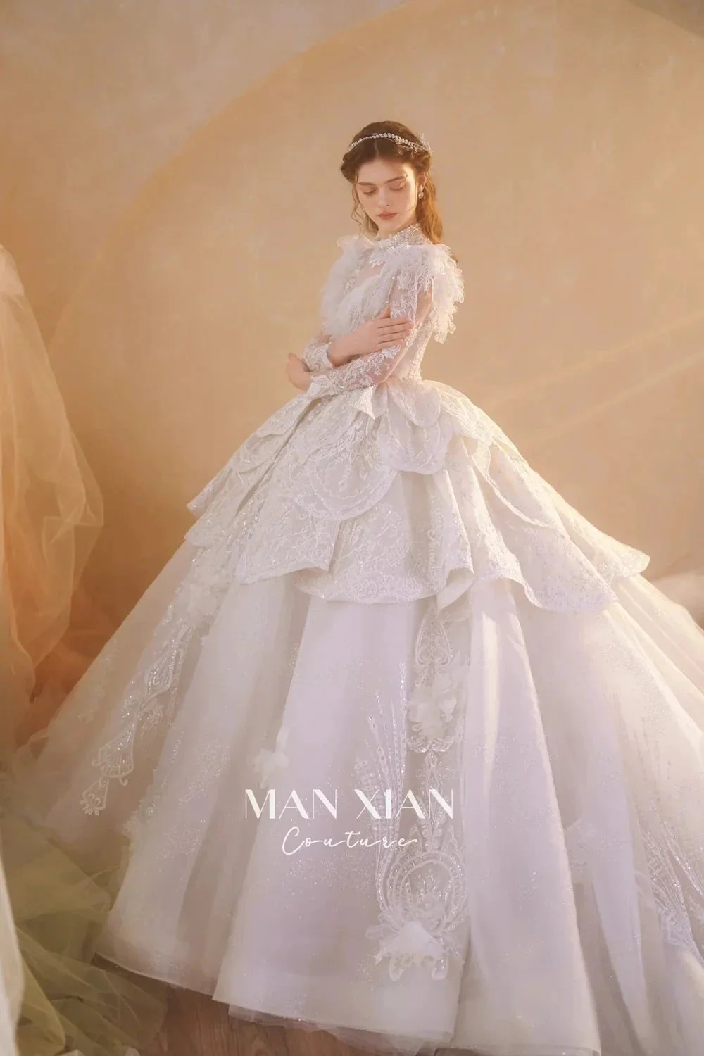 Regal Ivory High-Neck Lace Ball Gown with Sheer Sleeves, Ruffled Details & Crystal Embroidery A006 - Image 8