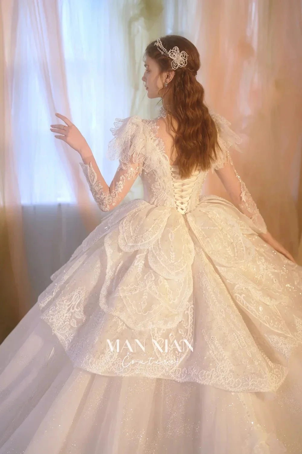 Regal Ivory High-Neck Lace Ball Gown with Sheer Sleeves, Ruffled Details & Crystal Embroidery A006 - Image 9