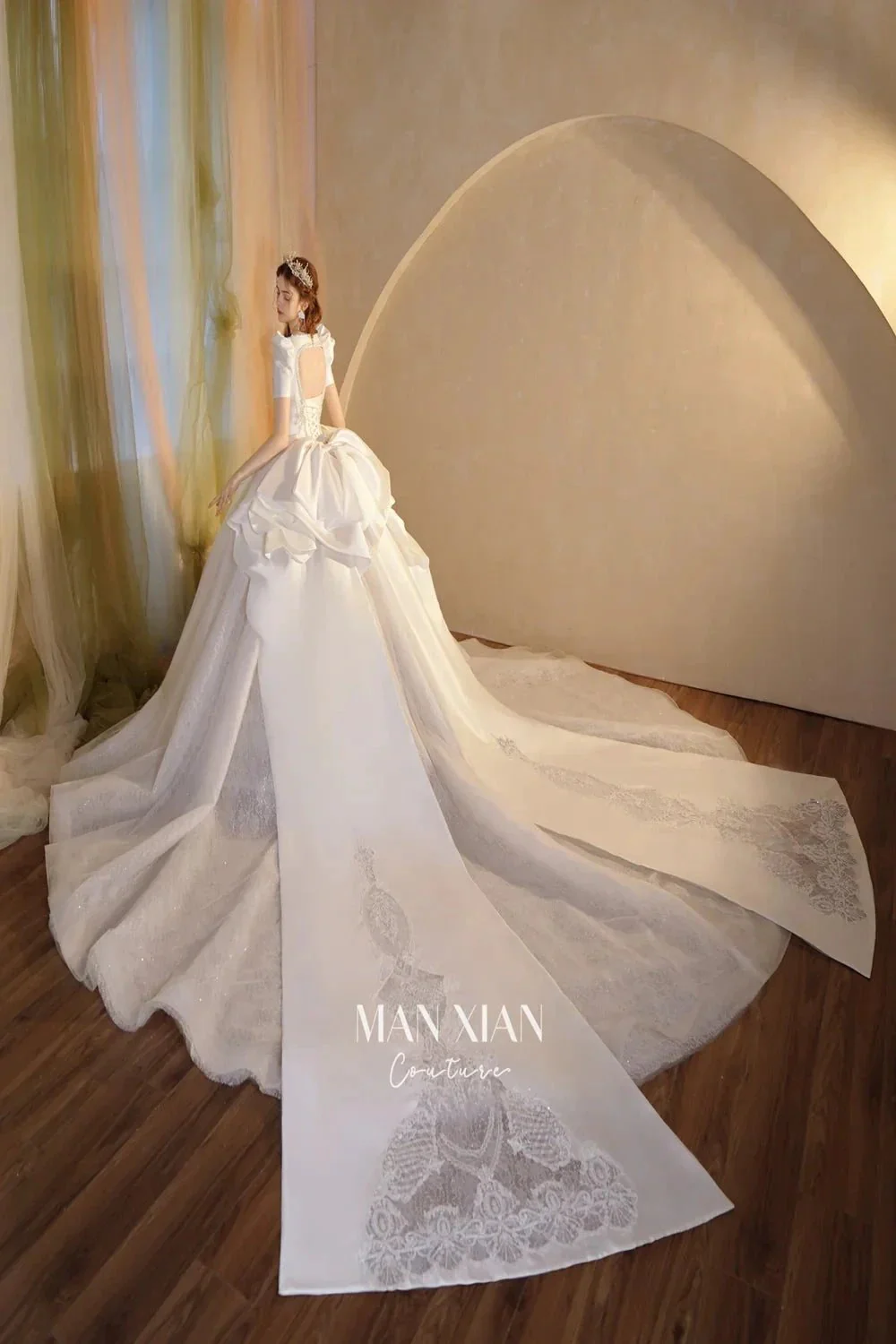 Regal Ivory Square-Neck Satin Ball Gown with Puff Sleeves, Pearl Embroidery & Oversized Bow Train m011 - Image 11