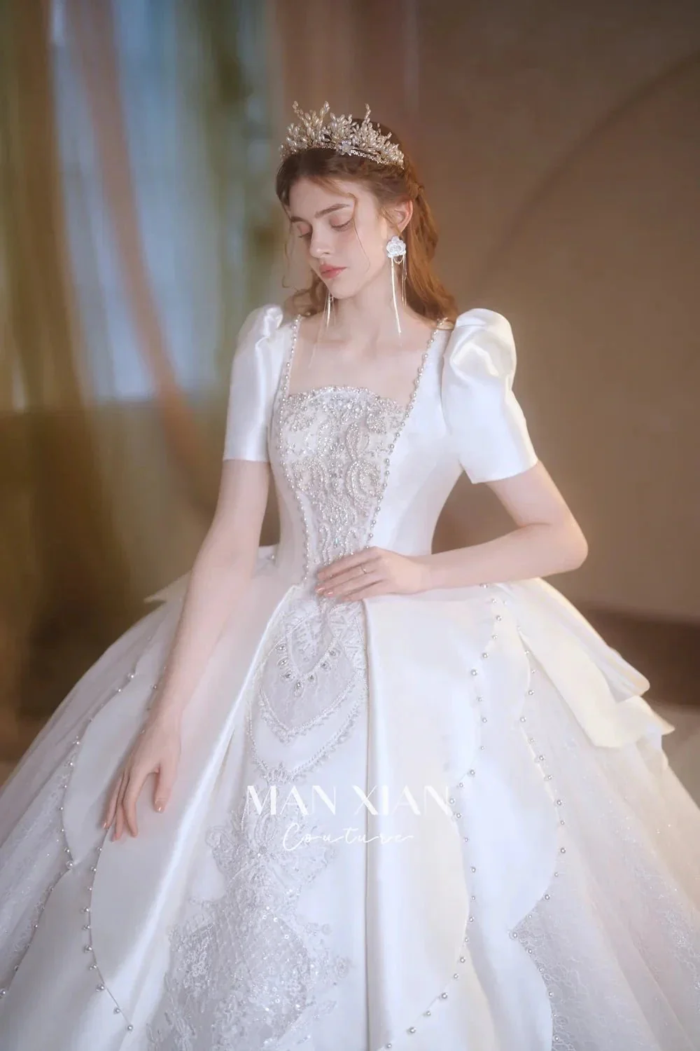 Regal Ivory Square-Neck Satin Ball Gown with Puff Sleeves, Pearl Embroidery & Oversized Bow Train m011 - Image 2