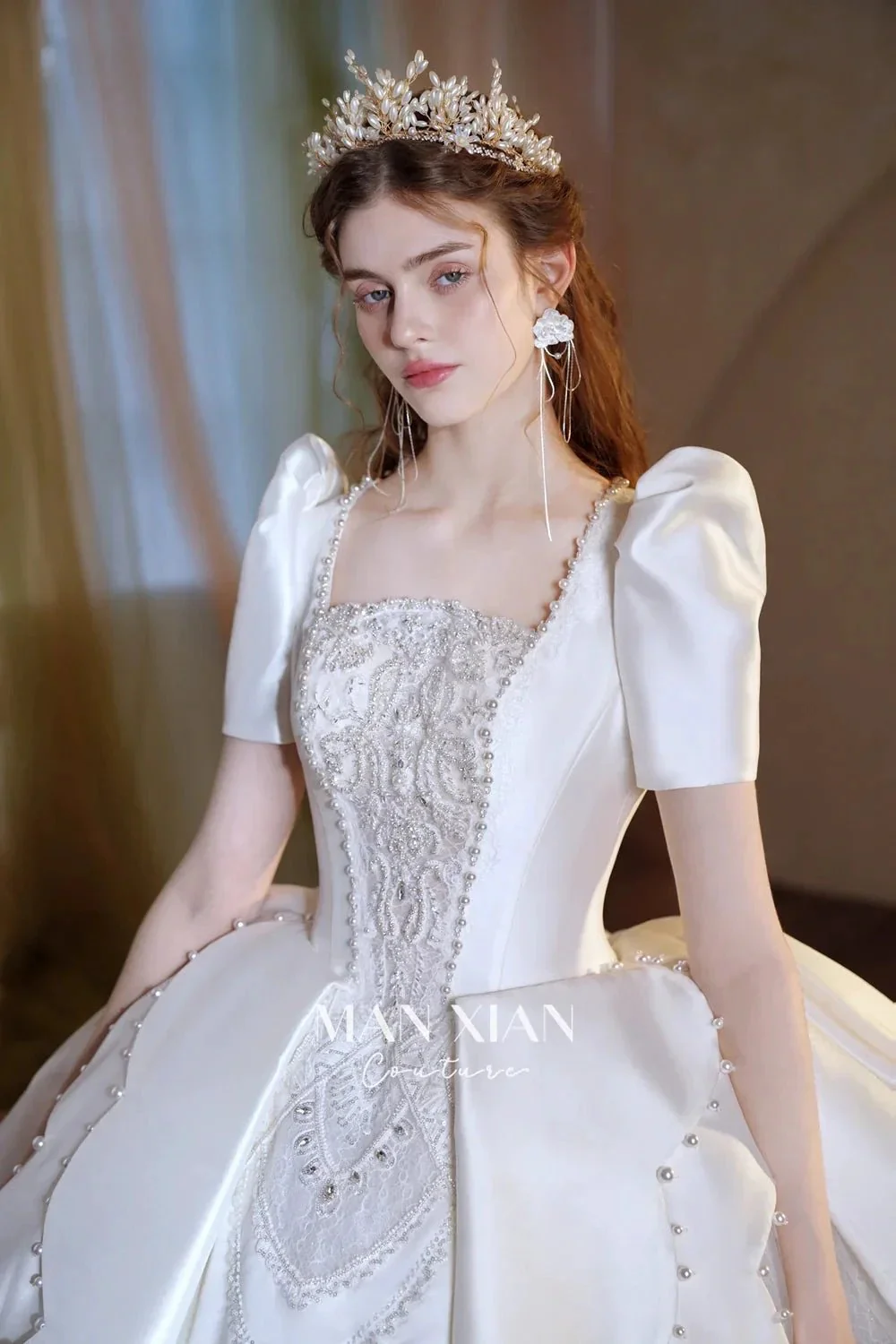 Regal Ivory Square-Neck Satin Ball Gown with Puff Sleeves, Pearl Embroidery & Oversized Bow Train m011 - Image 3