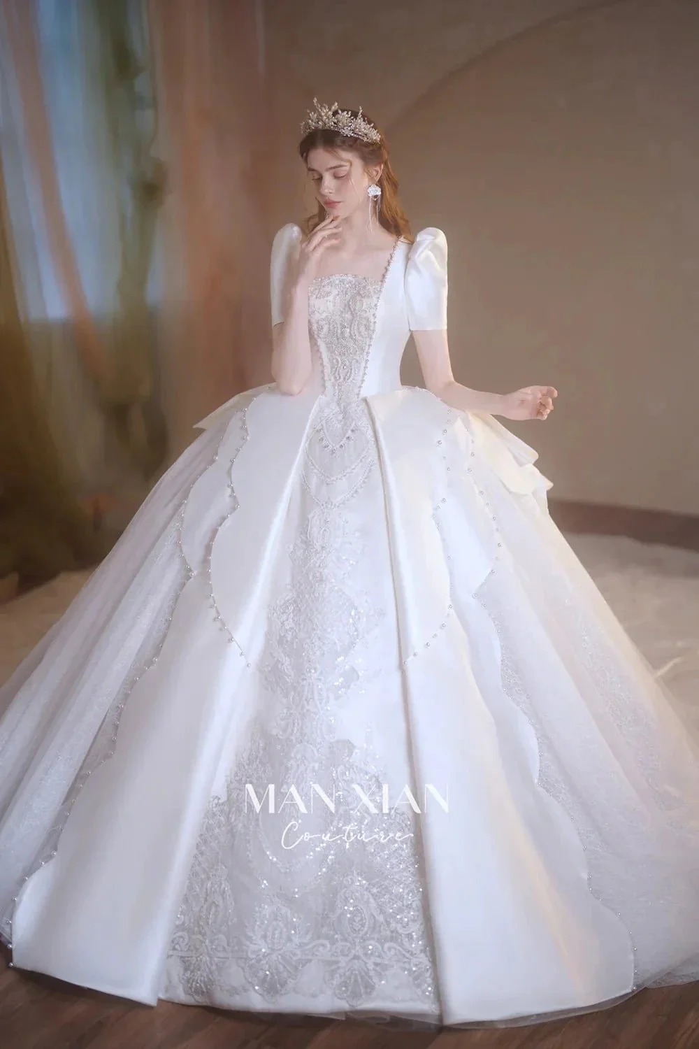 Regal Ivory Square-Neck Satin Ball Gown with Puff Sleeves, Pearl Embroidery & Oversized Bow Train m011 - Image 4