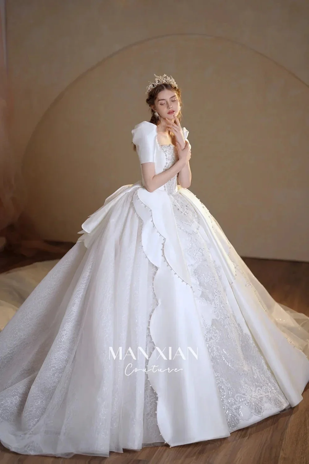 Regal Ivory Square-Neck Satin Ball Gown with Puff Sleeves, Pearl Embroidery & Oversized Bow Train m011 - Image 5