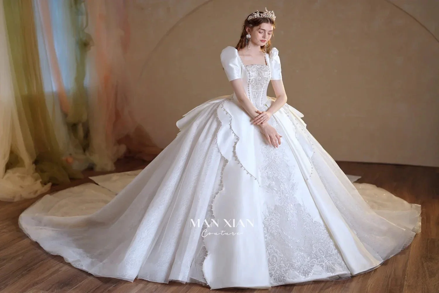 Regal Ivory Square-Neck Satin Ball Gown with Puff Sleeves, Pearl Embroidery & Oversized Bow Train m011 - Image 6