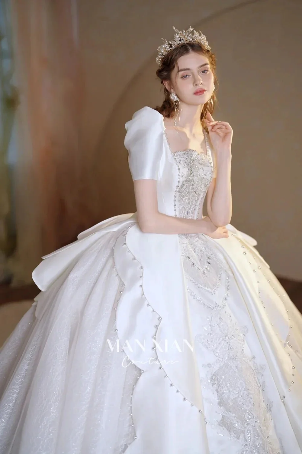 Regal Ivory Square-Neck Satin Ball Gown with Puff Sleeves, Pearl Embroidery & Oversized Bow Train m011 - Image 7