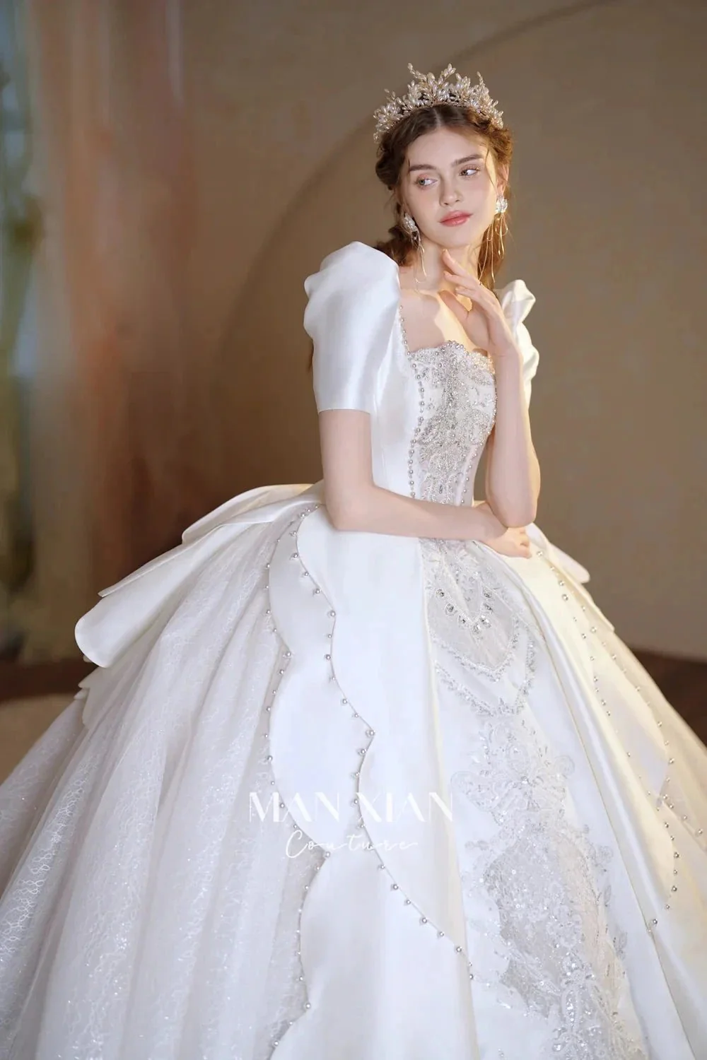 Regal Ivory Square-Neck Satin Ball Gown with Puff Sleeves, Pearl Embroidery & Oversized Bow Train m011 - Image 8