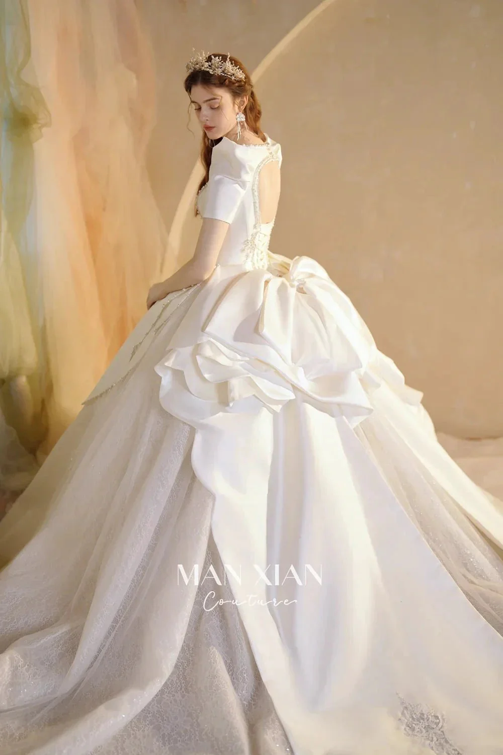 Regal Ivory Square-Neck Satin Ball Gown with Puff Sleeves, Pearl Embroidery & Oversized Bow Train m011 - Image 9