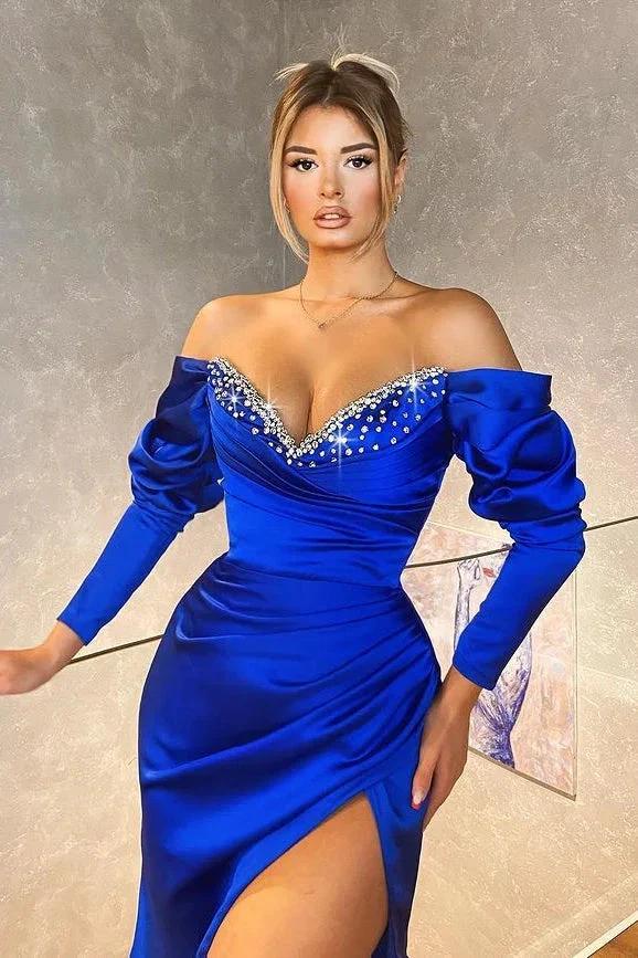 Regal Sapphire V-Neck Mermaid Prom Dress with Elegant Long Sleeves and Beads - Image 2