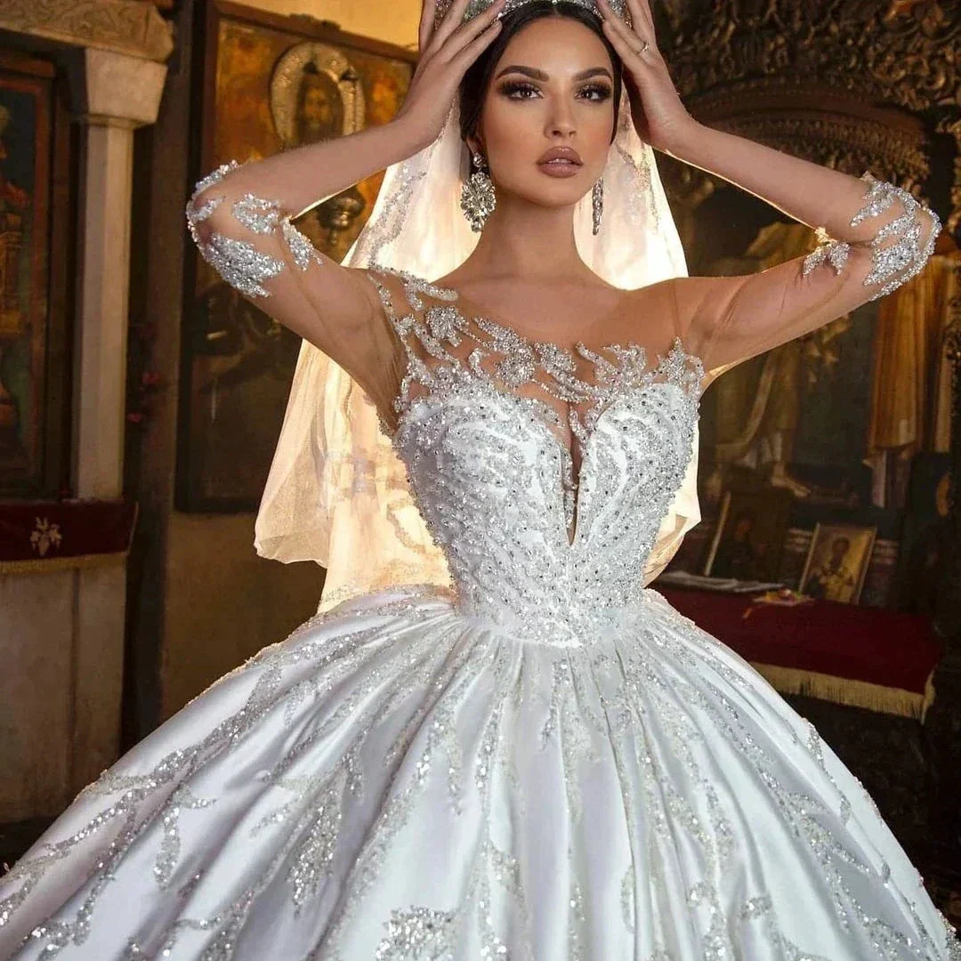Retro Appliques Satin Beading Wedding Dresses Sweetheart Illusion Sleeves Lace Up Bridal Gown Princess Custom Made Vestido - Image 2