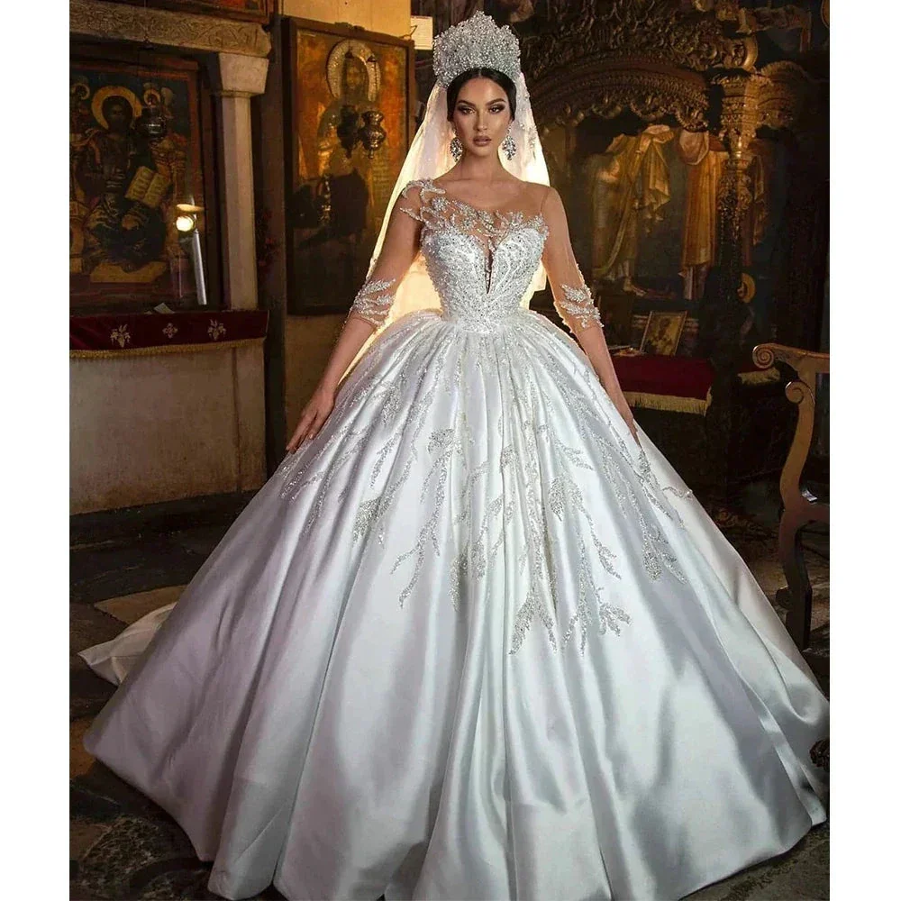 Retro Appliques Satin Beading Wedding Dresses Sweetheart Illusion Sleeves Lace Up Bridal Gown Princess Custom Made Vestido - Image 3