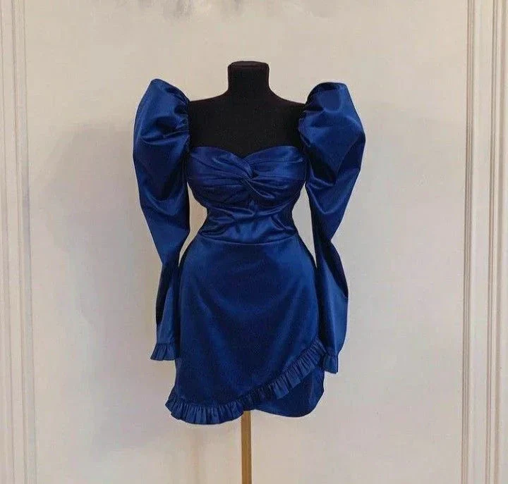 Retro Blue Homecoming Dress with Long Sleeves Y2538 - Image 2