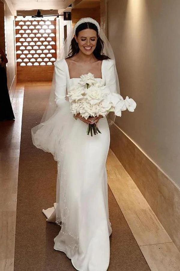 Retro Satin Long Sleeves Sweep Train Sheath Wedding Dress Bridal Gown WD625 - Image 2