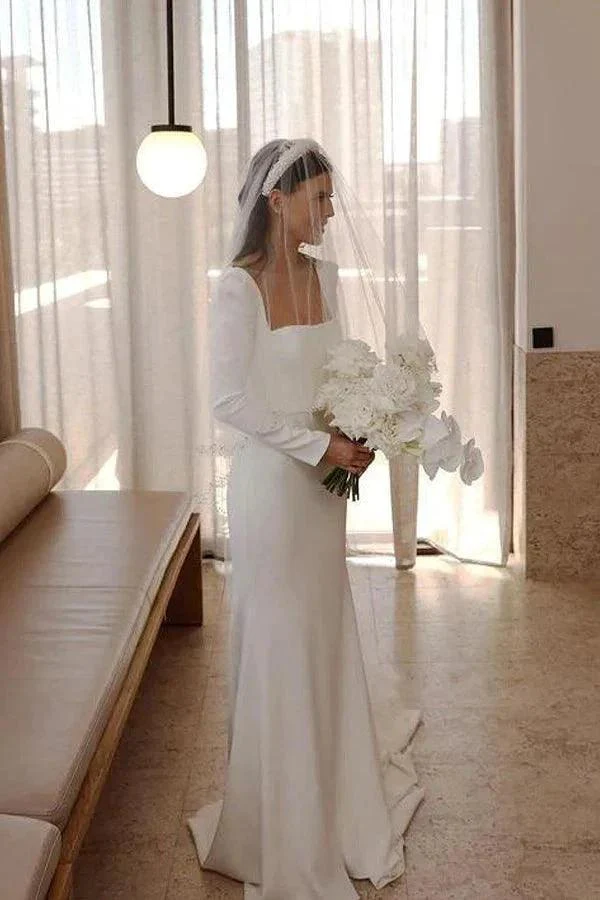 Retro Satin Long Sleeves Sweep Train Sheath Wedding Dress Bridal Gown WD625 - Image 3
