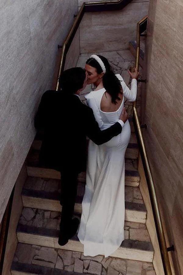 Retro Satin Long Sleeves Sweep Train Sheath Wedding Dress Bridal Gown WD625 - Image 6