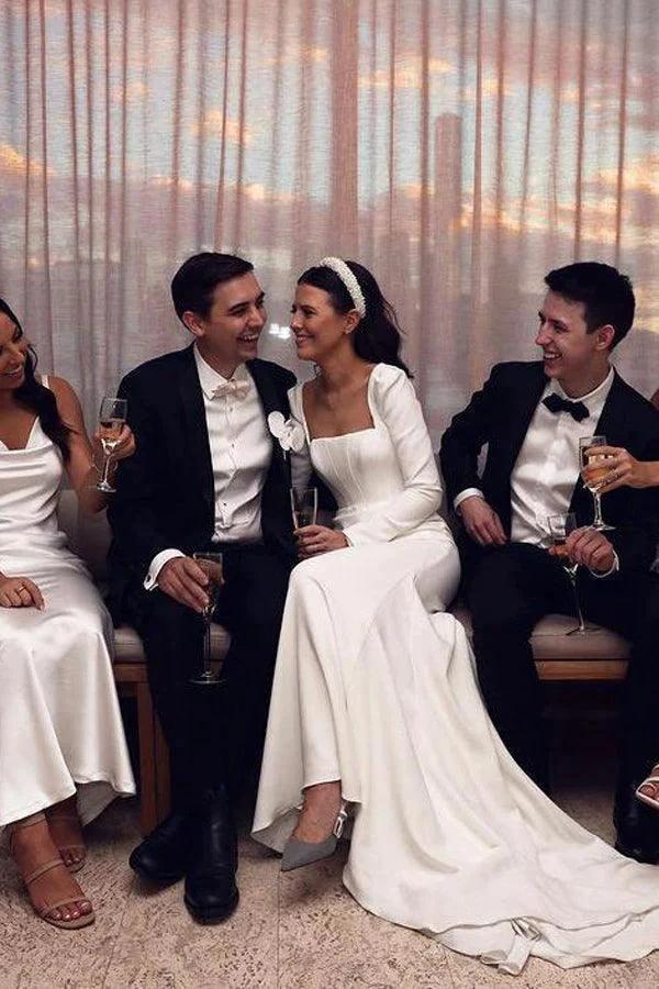 Retro Satin Long Sleeves Sweep Train Sheath Wedding Dress Bridal Gown WD625 - Image 7