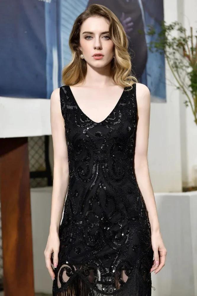 Retro Sparkly Sequins Slim Prom Dress Black V-Neck Sleeveless Flapper Roaring Party Dress - Image 10