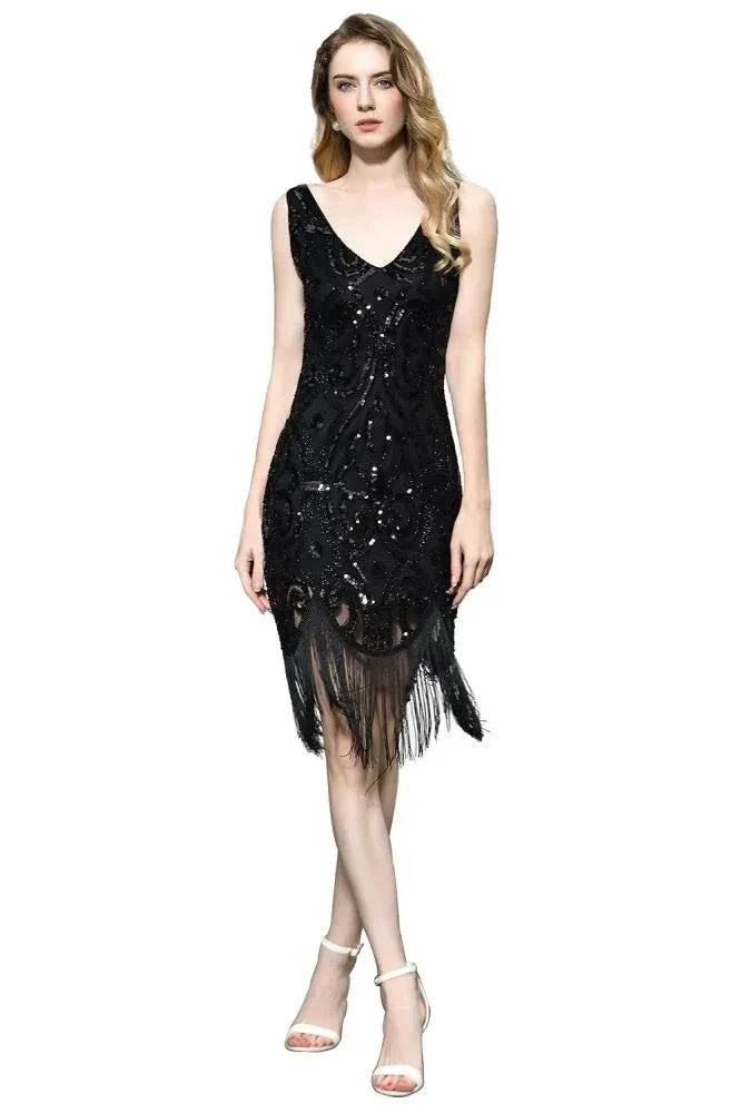 Retro Sparkly Sequins Slim Prom Dress Black V-Neck Sleeveless Flapper Roaring Party Dress - Image 11