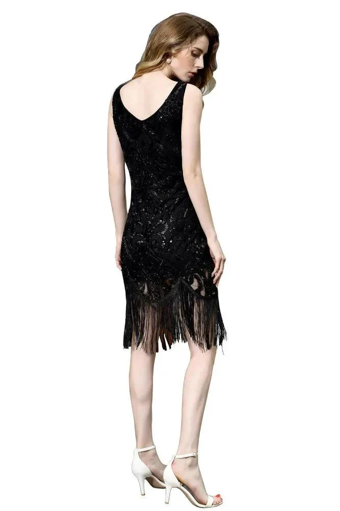 Retro Sparkly Sequins Slim Prom Dress Black V-Neck Sleeveless Flapper Roaring Party Dress - Image 12