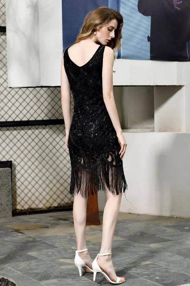 Retro Sparkly Sequins Slim Prom Dress Black V-Neck Sleeveless Flapper Roaring Party Dress - Image 2