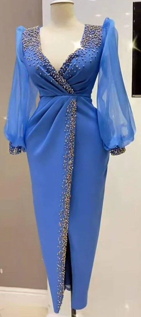 Retro Style Blue Lantern Sleeves Prom Dress Classy Blue Evening Dress Y5680 - Image 2