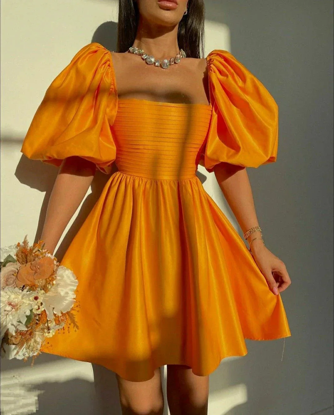 Retro Style Orange Puff Sleeve A-line Homecoming Dress Orange Cocktail Dress Y5064 - Image 2