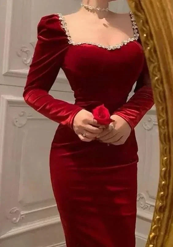 Retro Style Red Velvet Long Sleeves Evening Dress,Red Evening Gown Y5556 - Image 2