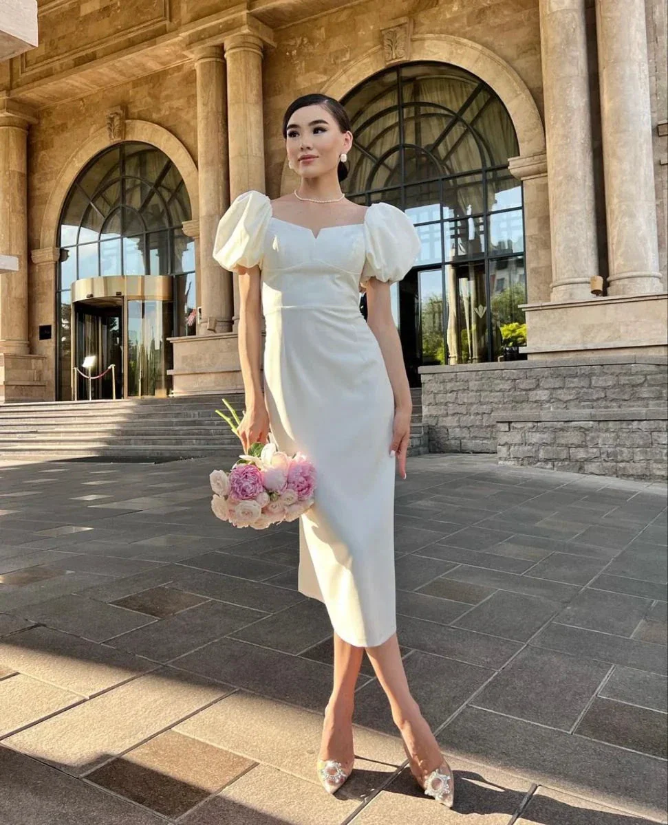 Retro Style White Midi-length Wedding Dress,Engagement Dress Y5257 - Image 2