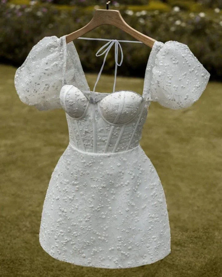 Retro White Homecoming Dress with Puff Sleeves Y4067 - Image 2