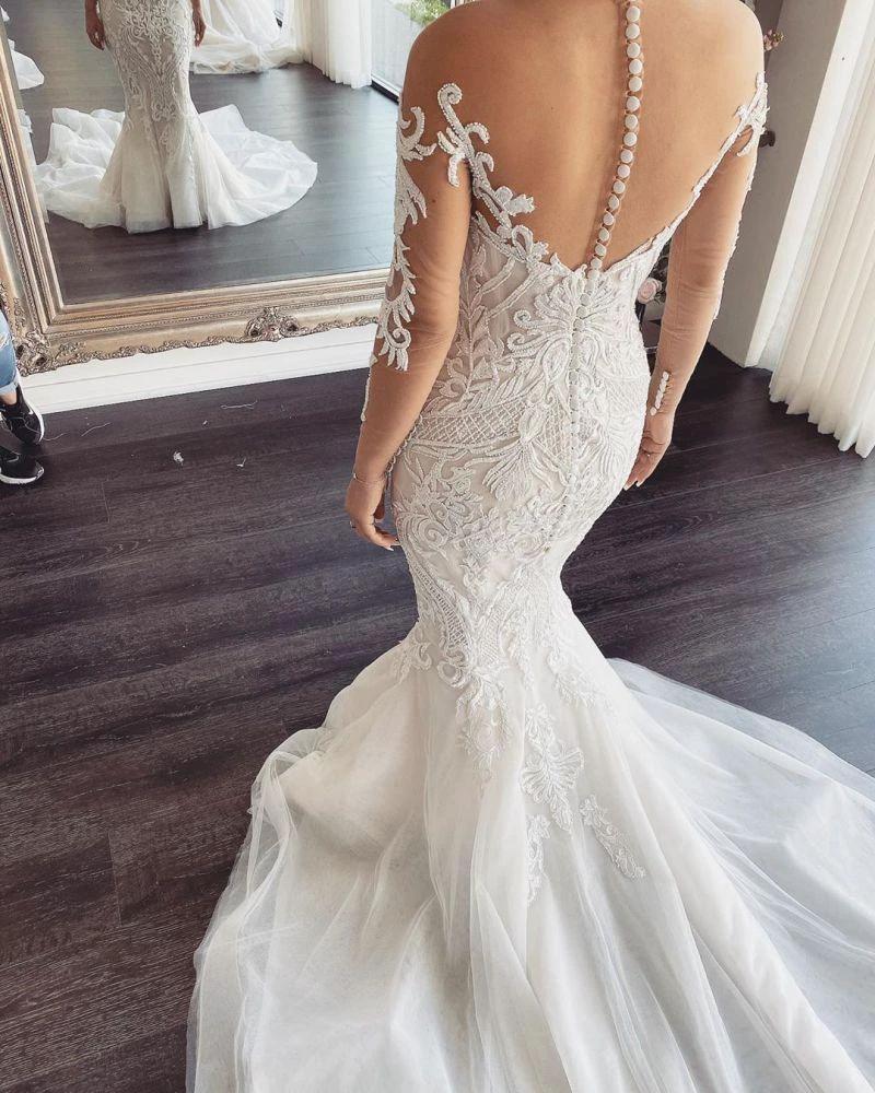 Long Sleeves V-Neck Lace Mermaid Wedding Dress On Sale - Image 2